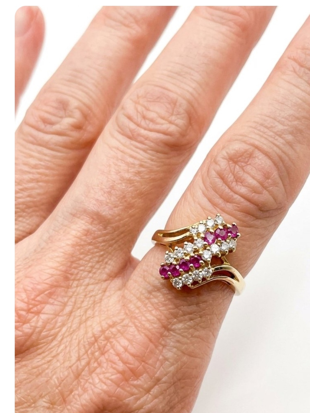Gold-Tone Cluster Ring with Rubies and White Diamond Stones